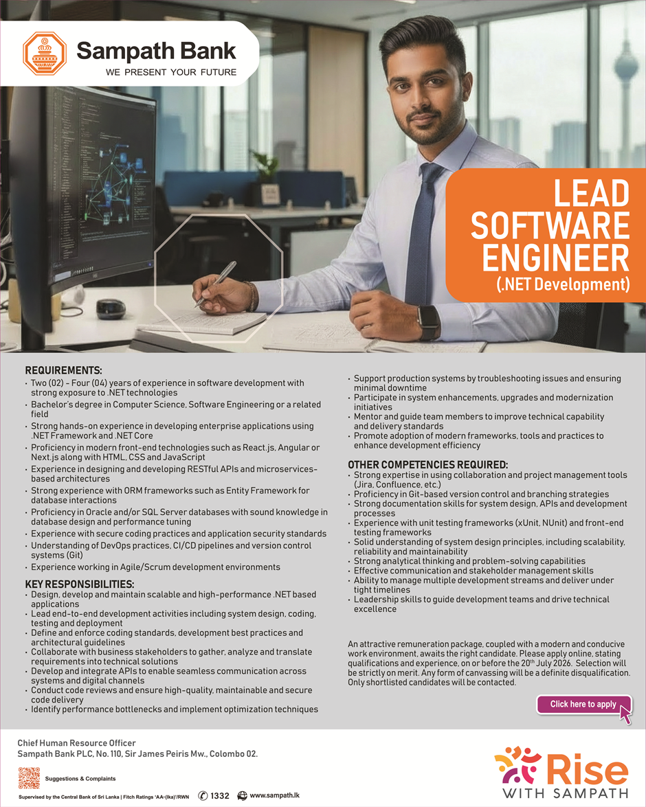 Lead Software Engineer .NET Development Sampath Bank