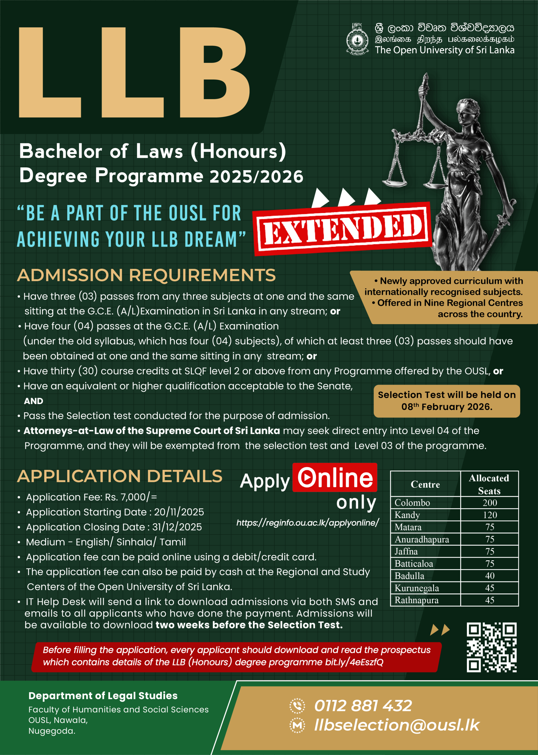Bachelor of Laws LLB 2026 Open University Sri Lanka Application