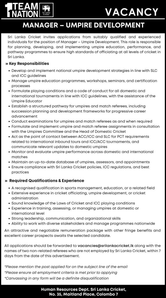 Sri Lanka Cricket Manager Umpire Development Vacancy 2026