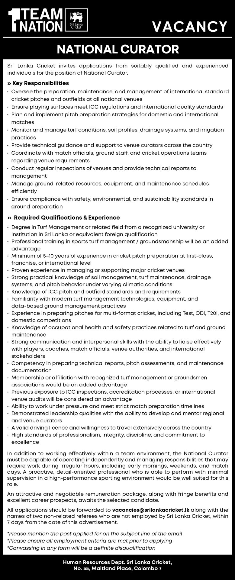Sri Lanka Cricket National Curator Vacancy 2026