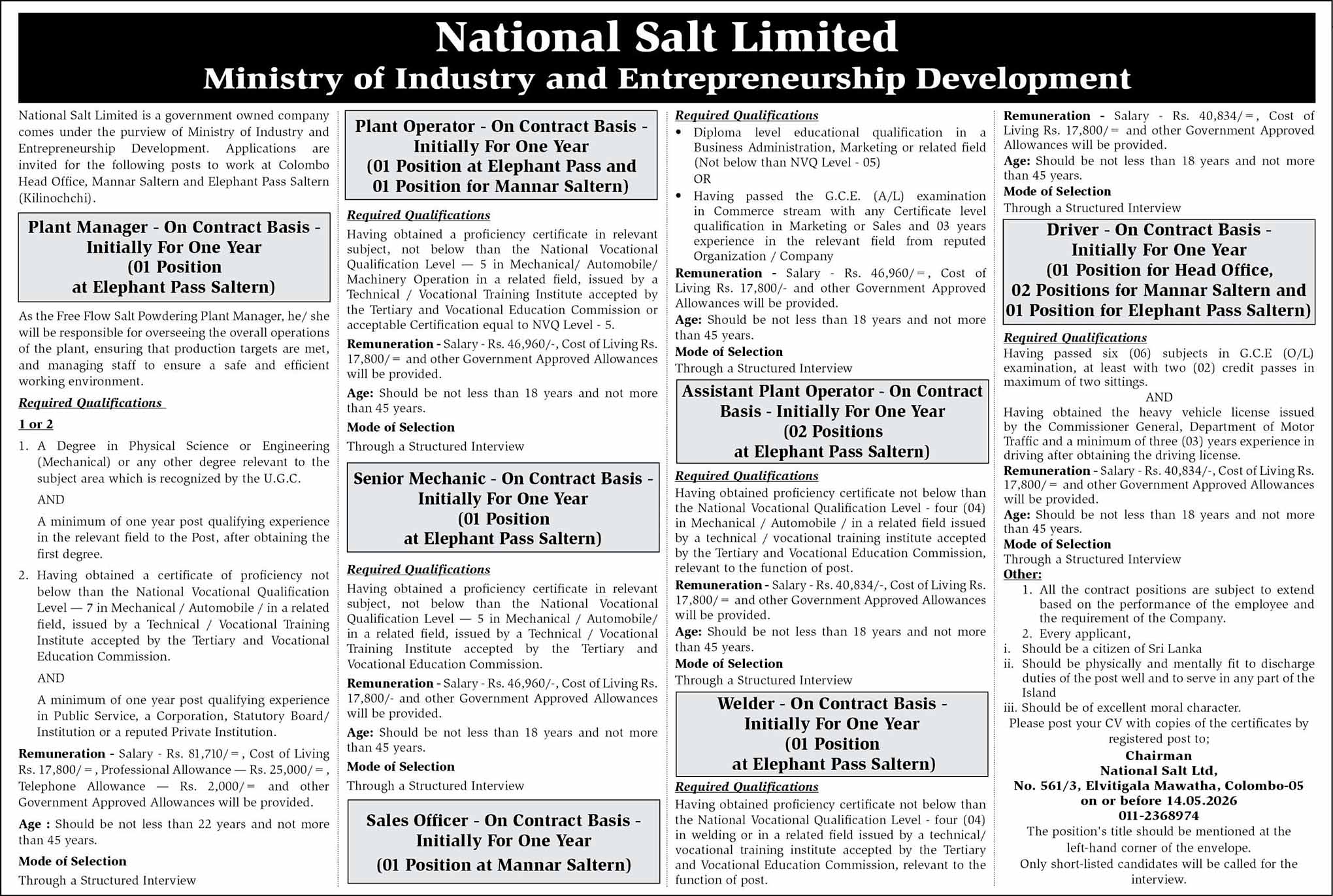 National Salt Limited Jobs 2026