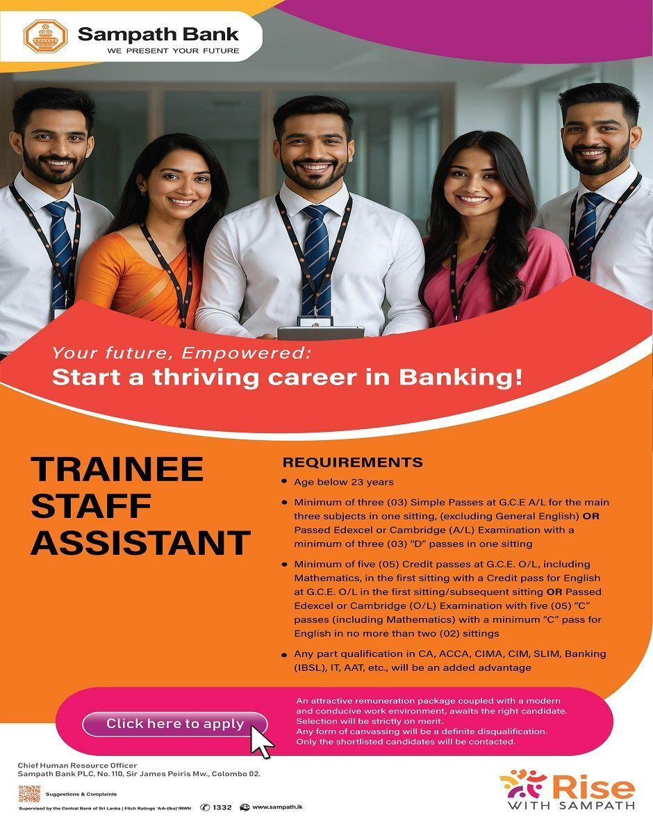 Sampath Bank Trainee Staff Assistant Vacancy 2026