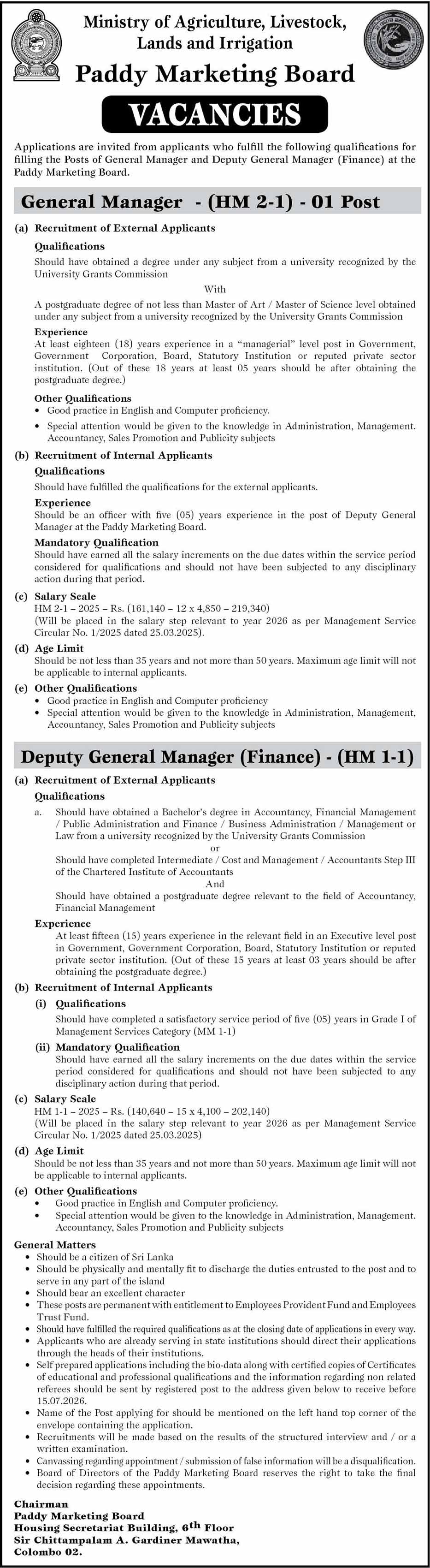 Paddy Marketing Board Vacancies 2026