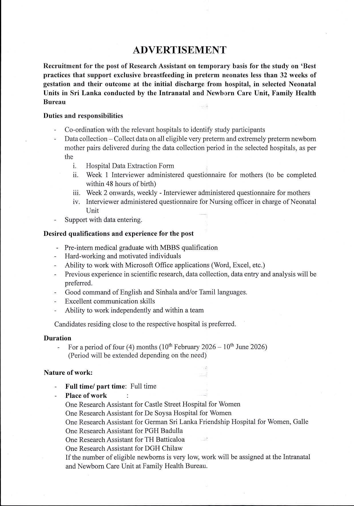 Research Assistant Vacancy 2026 Family Health Bureau Sri Lanka Official Notice