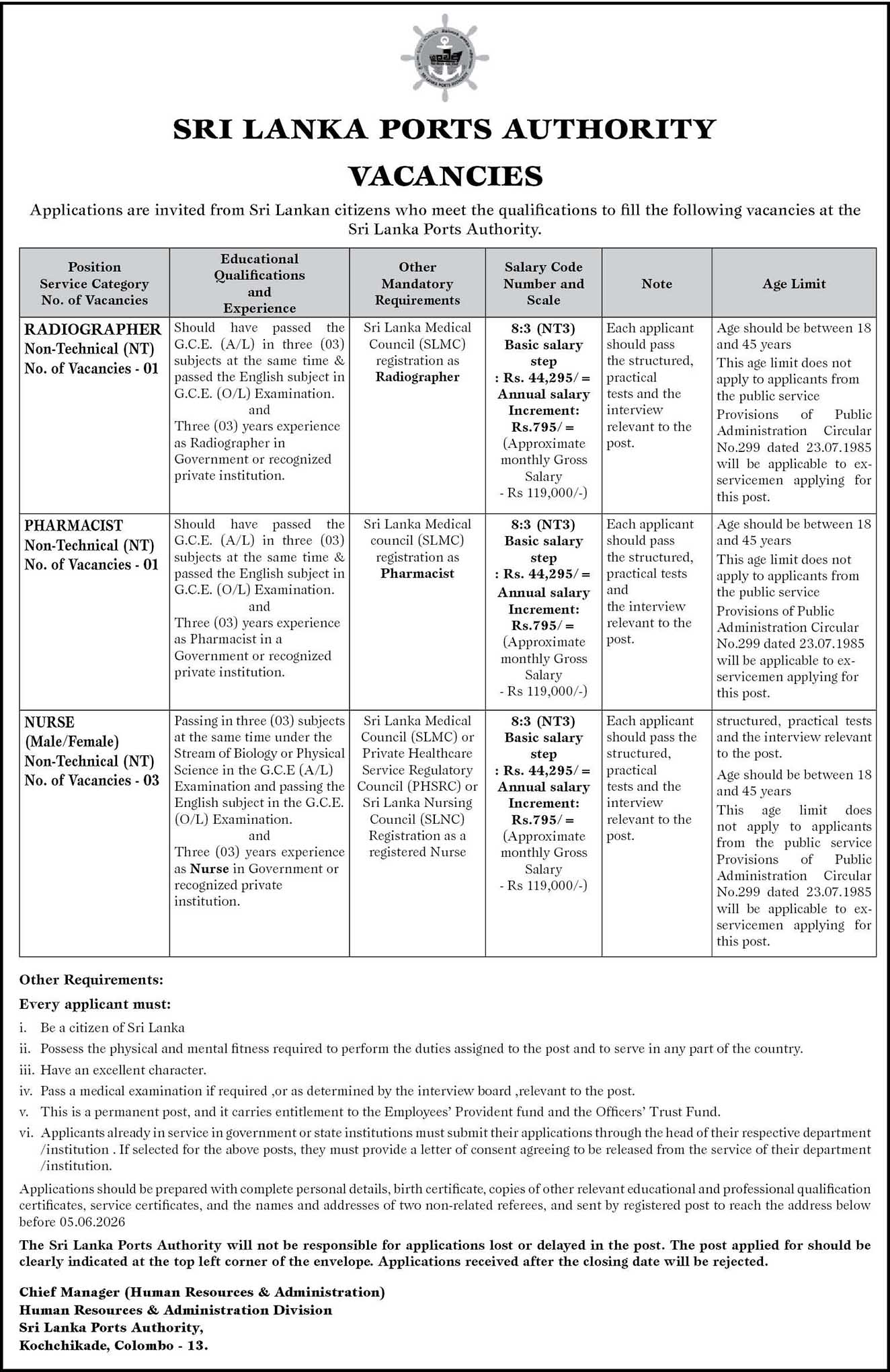 Sri Lanka Ports Authority Vacancies 2026 Advertisement