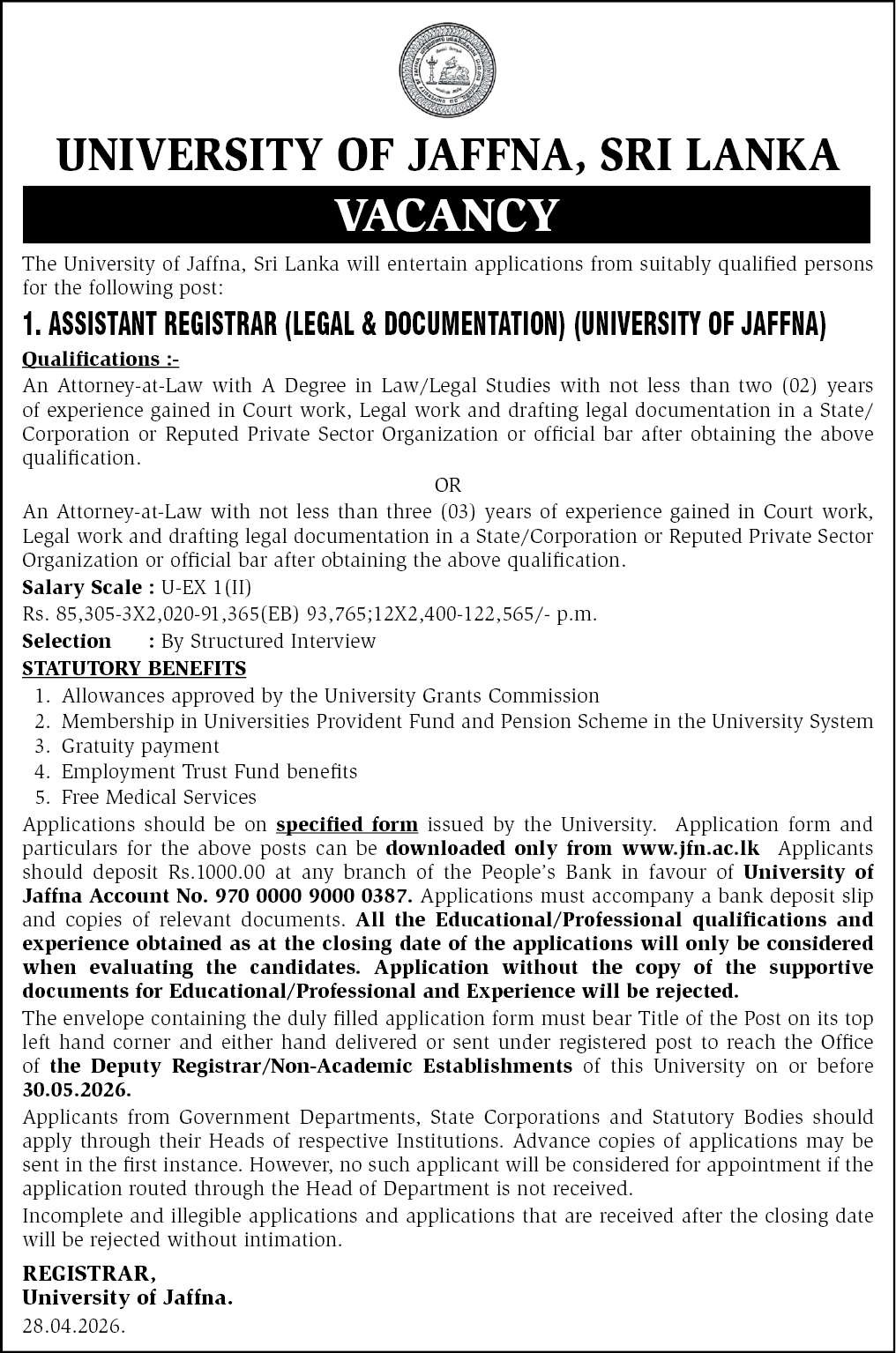University of Jaffna Assistant Registrar Vacancy 2026