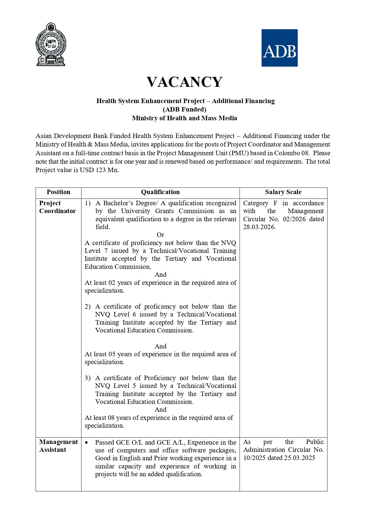 Ministry of Health Project Coordinator Management Assistant Vacancy 2026