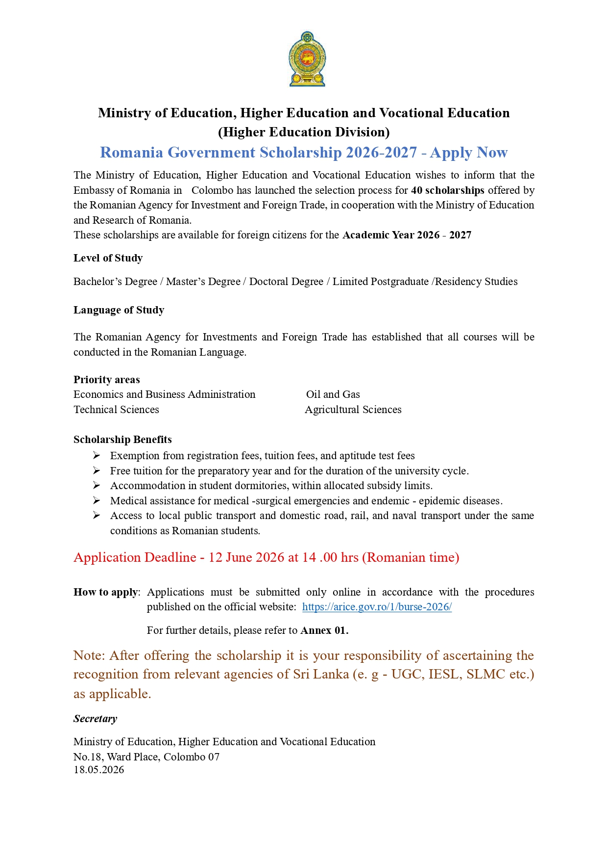 Romania Government Scholarship 2026 2027