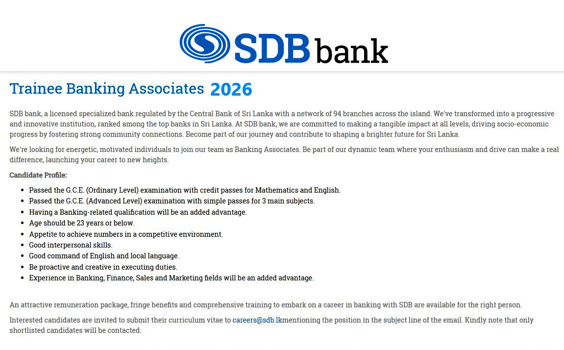SDB Bank Trainee Banking Associates 2026 Advertisement