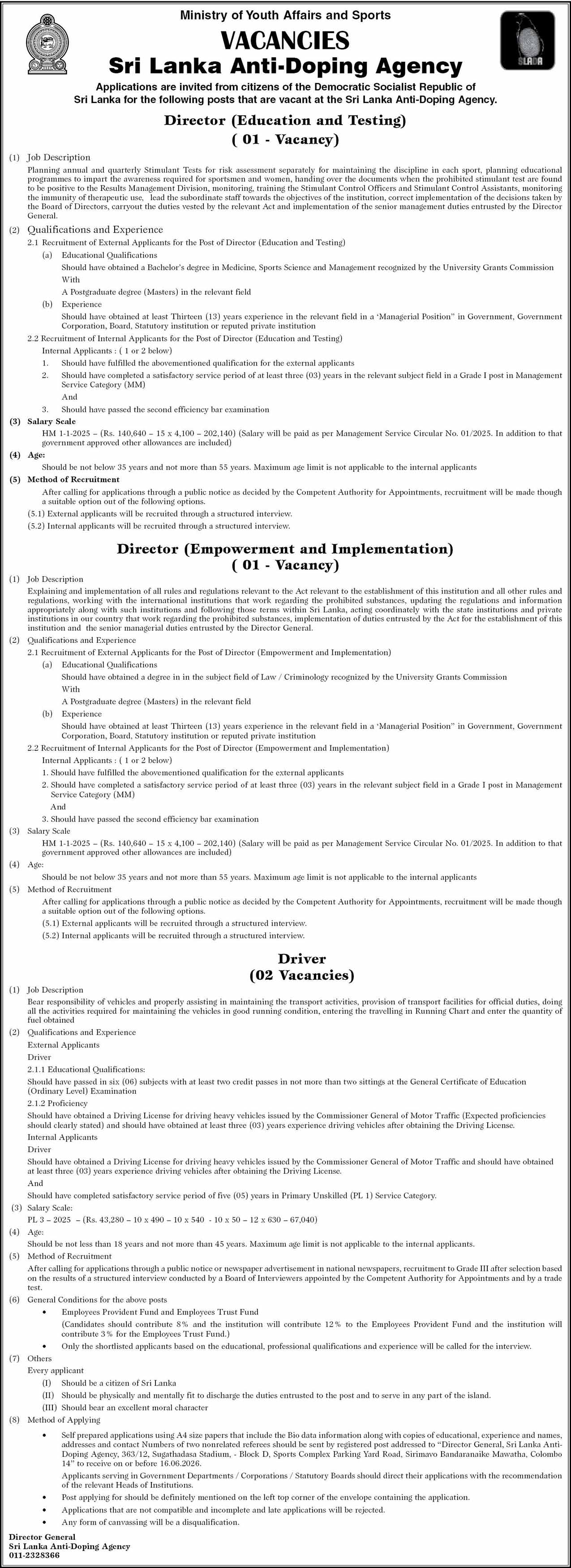 Sri Lanka Anti-Doping Agency SLADA Vacancies 2026 Director Driver Advertisement