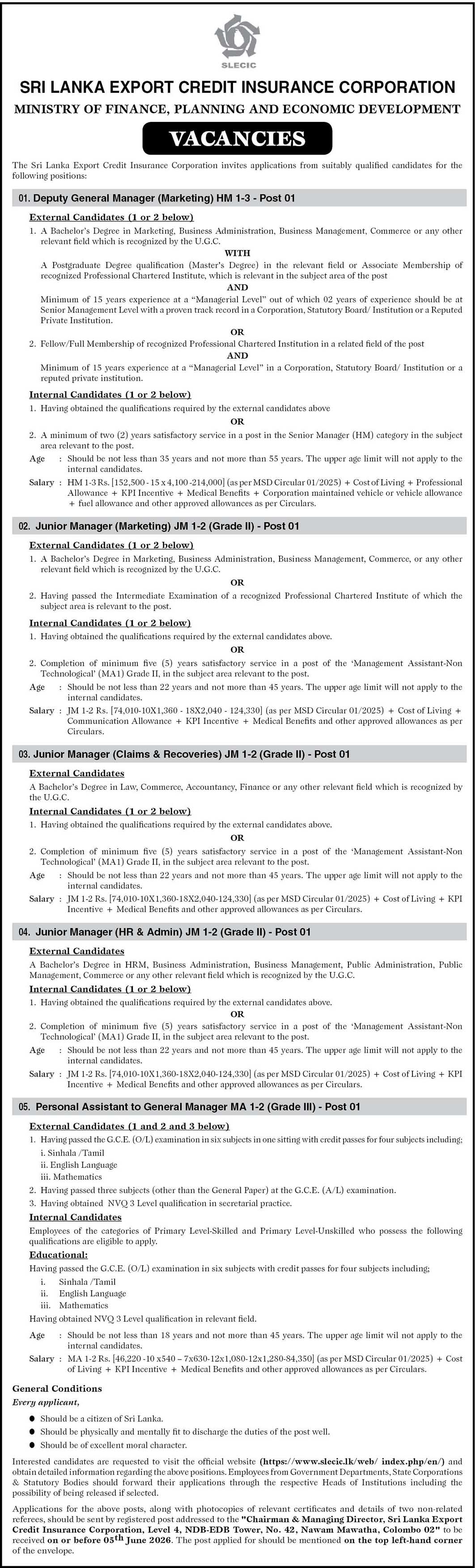 SLECIC Vacancies 2026 Sri Lanka