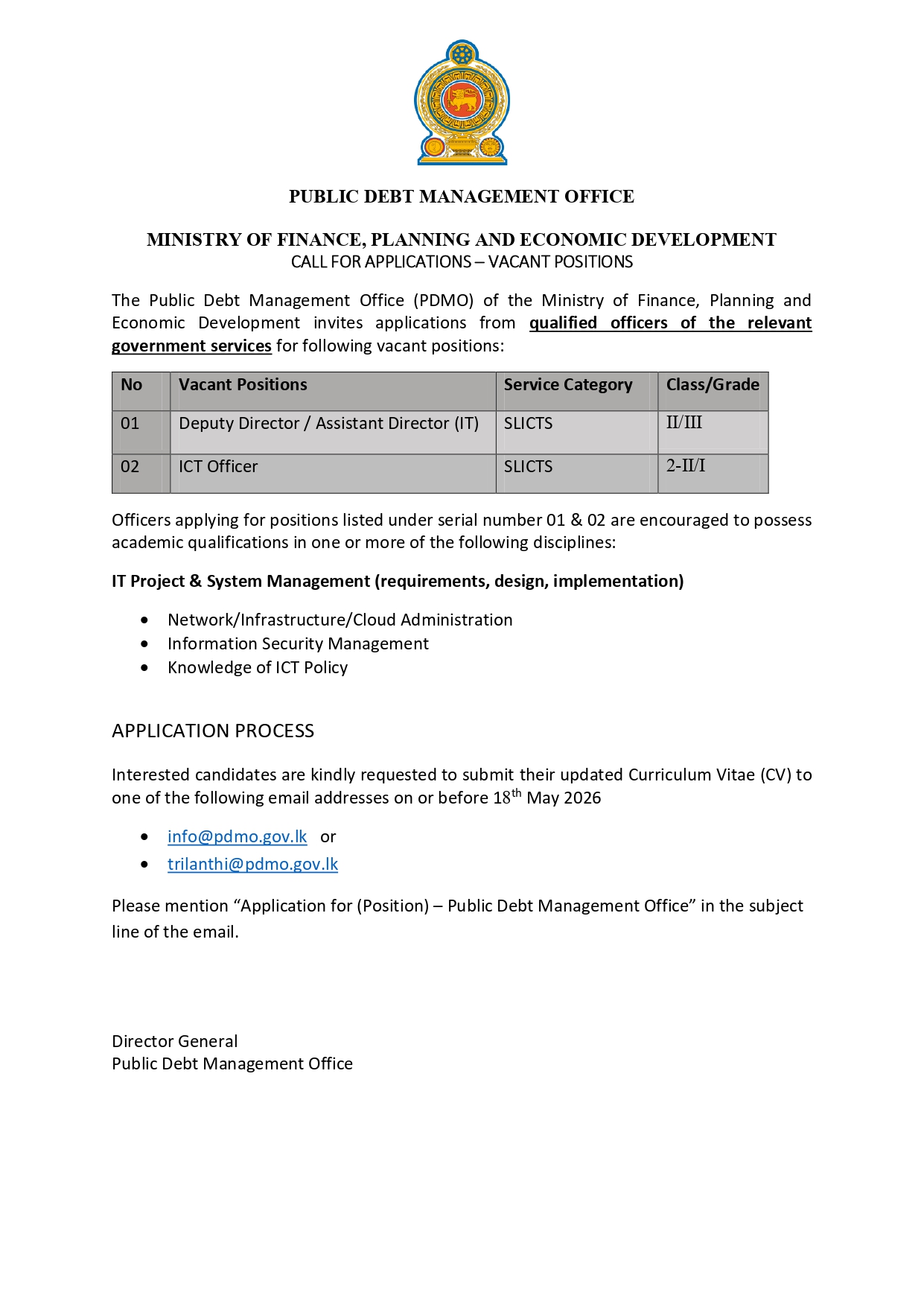 PDMO Vacancies 2026 Sri Lanka