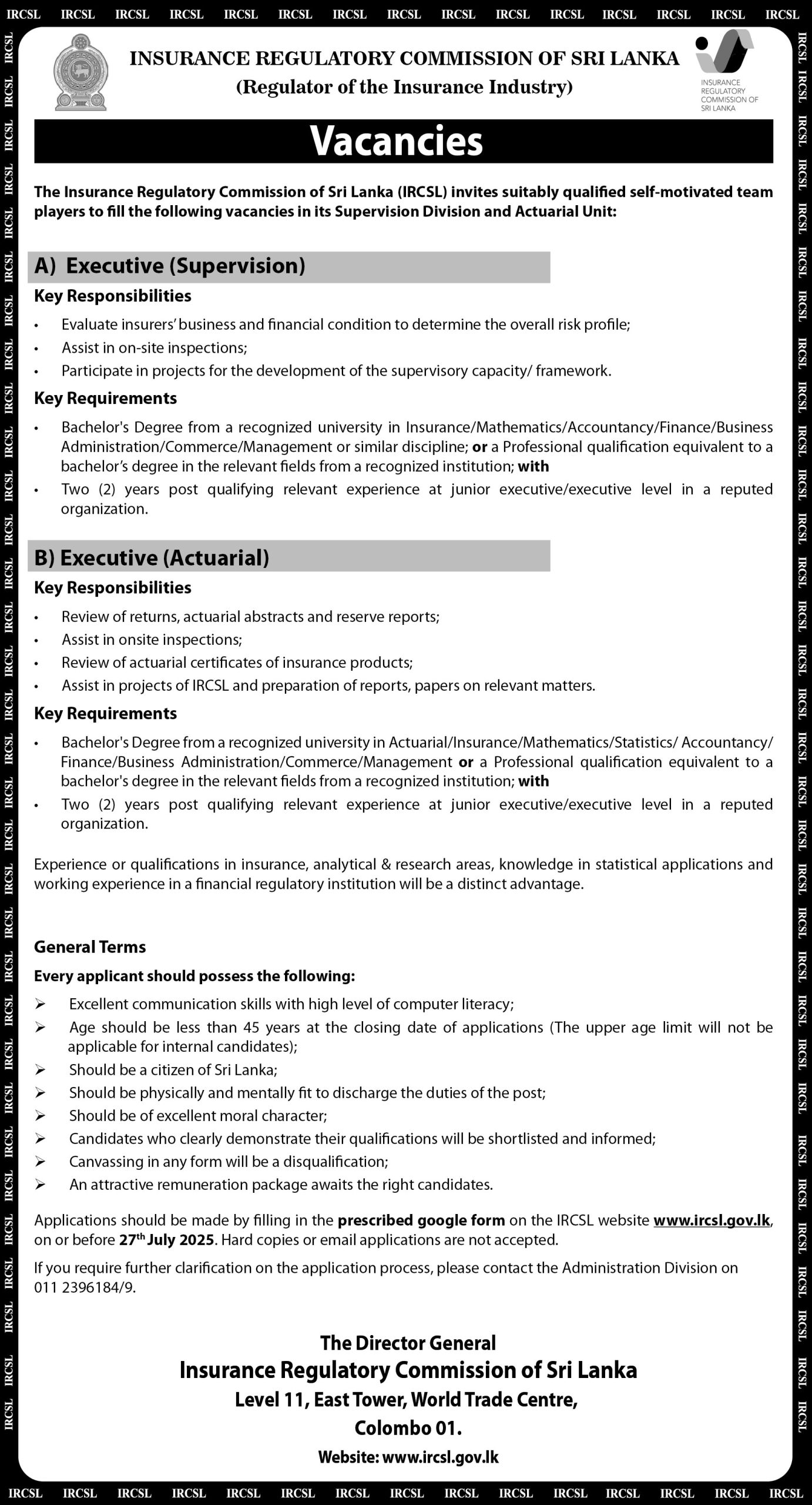 IRCSL Executive Job Advertisement 2025