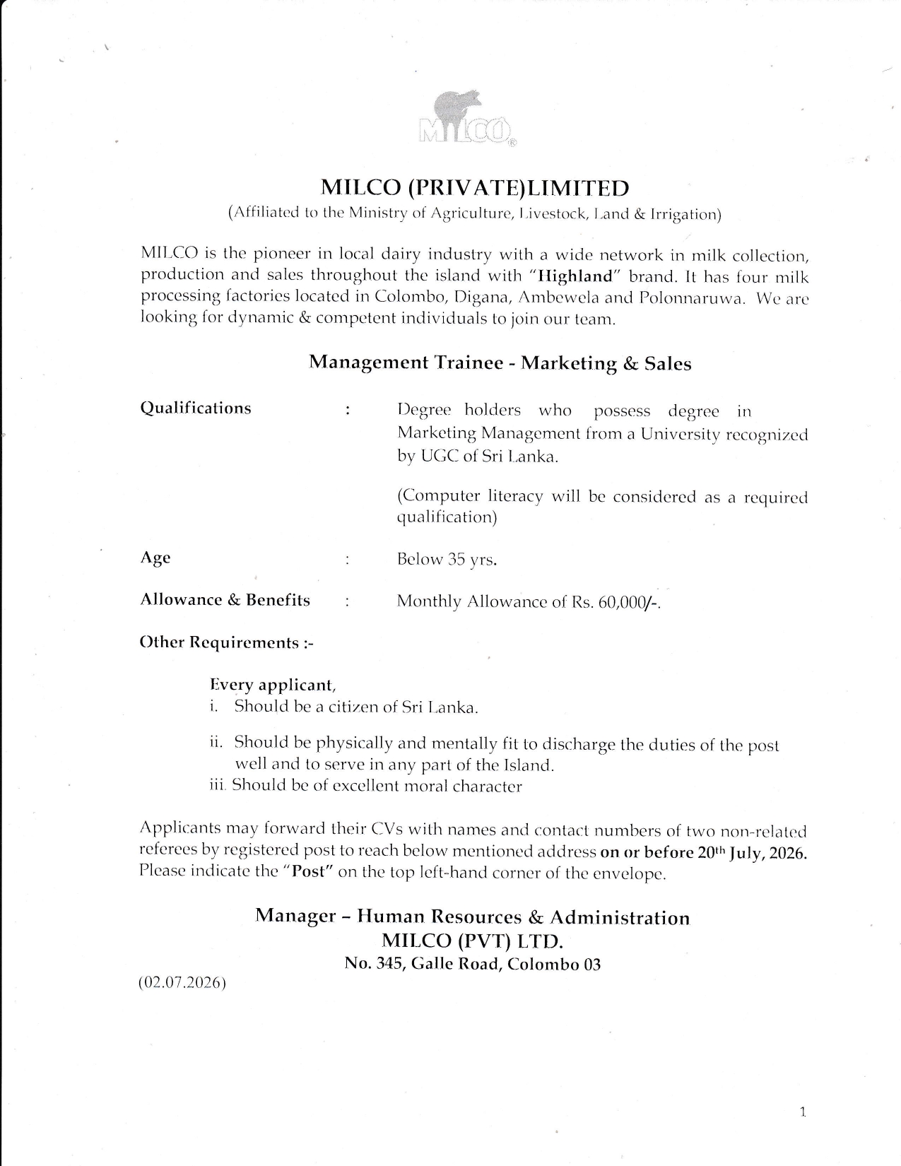 MILCO Management Trainee Vacancy 2026