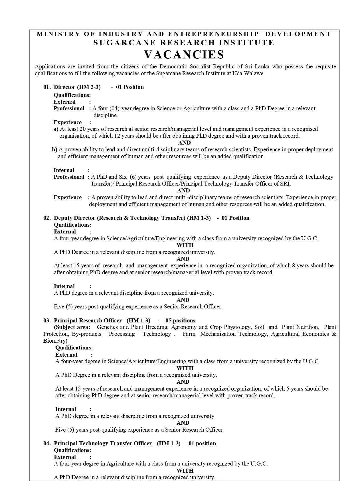 Sugarcane Research Institute Vacancies 2026