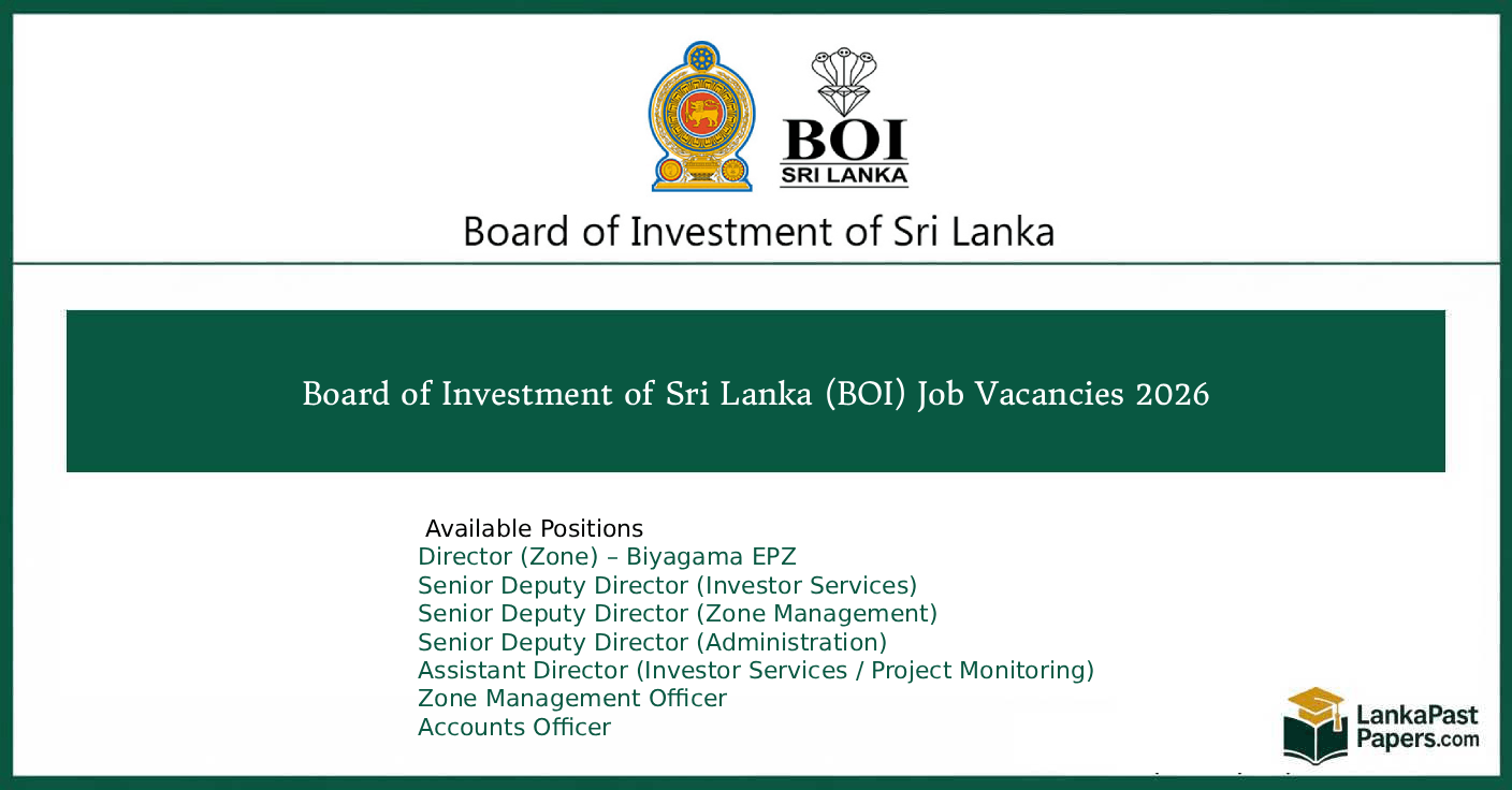 Board of Investment of Sri Lanka (BOI) Job Vacancies 2026 – Apply Online