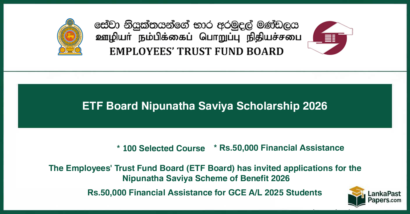 Application for ETF Board Nipunatha Saviya Scholarship 2026 – Rs. 50,000 Financial Assistance for GCE A/L 2025 Students