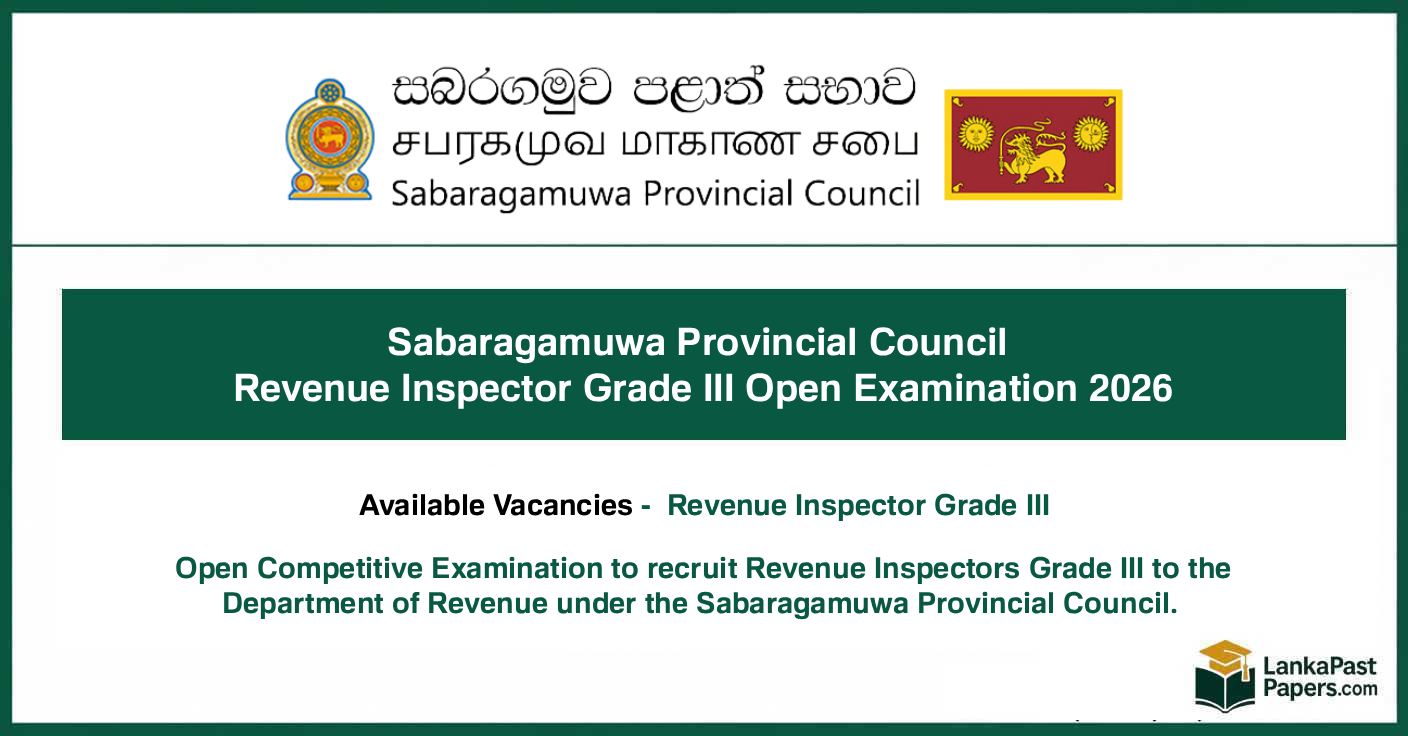 Sabaragamuwa Provincial Council Revenue Inspector Grade III (Open Exam) Job Vacancies 2026