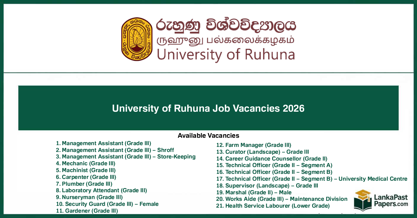 University of Ruhuna Job Vacancies 2026